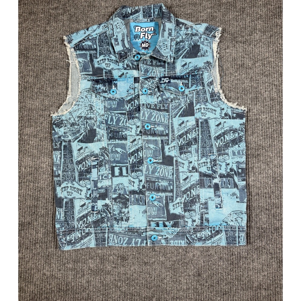 Born Fly Mens Blue Graphic Print Denim Trucker Vest Sleeveless Jacket Size M